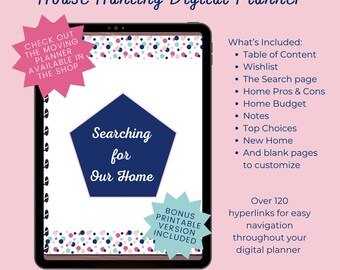 House Hunting Digital Planner with Wishlist, Home Pros & Cons, Home Budget, Top Choices, New Home, Notes, with hyperlinked tabs and pages