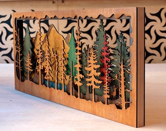 Handmade Layered 3D Forest Wall Art|Wooden Forest Scene with Bear,Squirrel,Deer,Bird,Mountains, and Lake|Nature-Inspired Wall Decor and Gift
