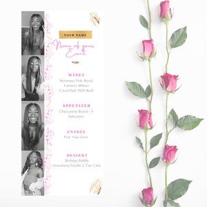 Pink und Gold Boho und Feder Theme Weinkarte - Canva Template für Weinprobe, Geburtstag, Jubiläumsparty, Bachelorette - Printable Menu