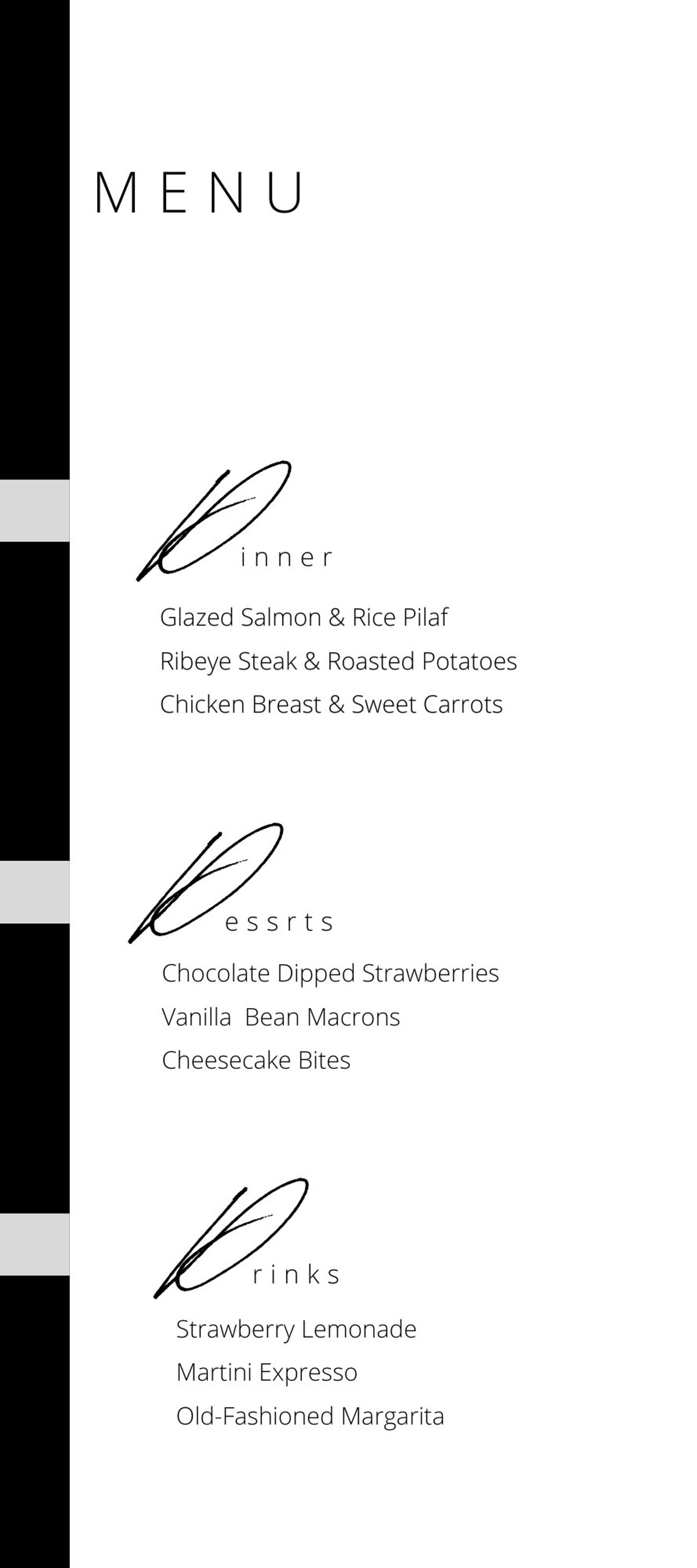 Black and White Cursive Minimal Food and Drink Menu Cards - PRINTABLE ...