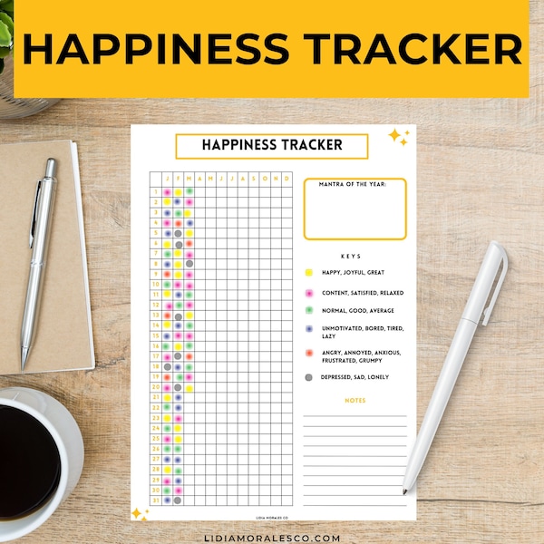 Digital Happiness Tracker, Printable Happiness Tracker, Happiness Log, Mood Chart, Mood Tracker, Happiness Tracker, Mental Health, Happiness