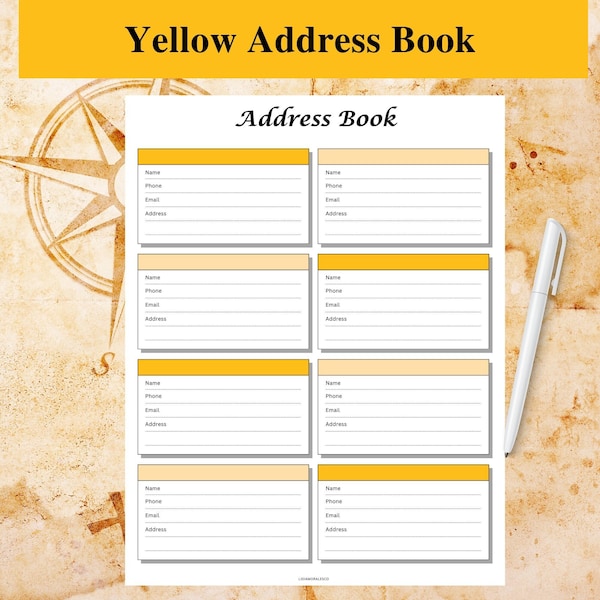 Yellow Address Book,Contact List Template, Contact Sheet,A4,Instant Download,Contacts,Address Book Printable,Digital Contact List, Printable