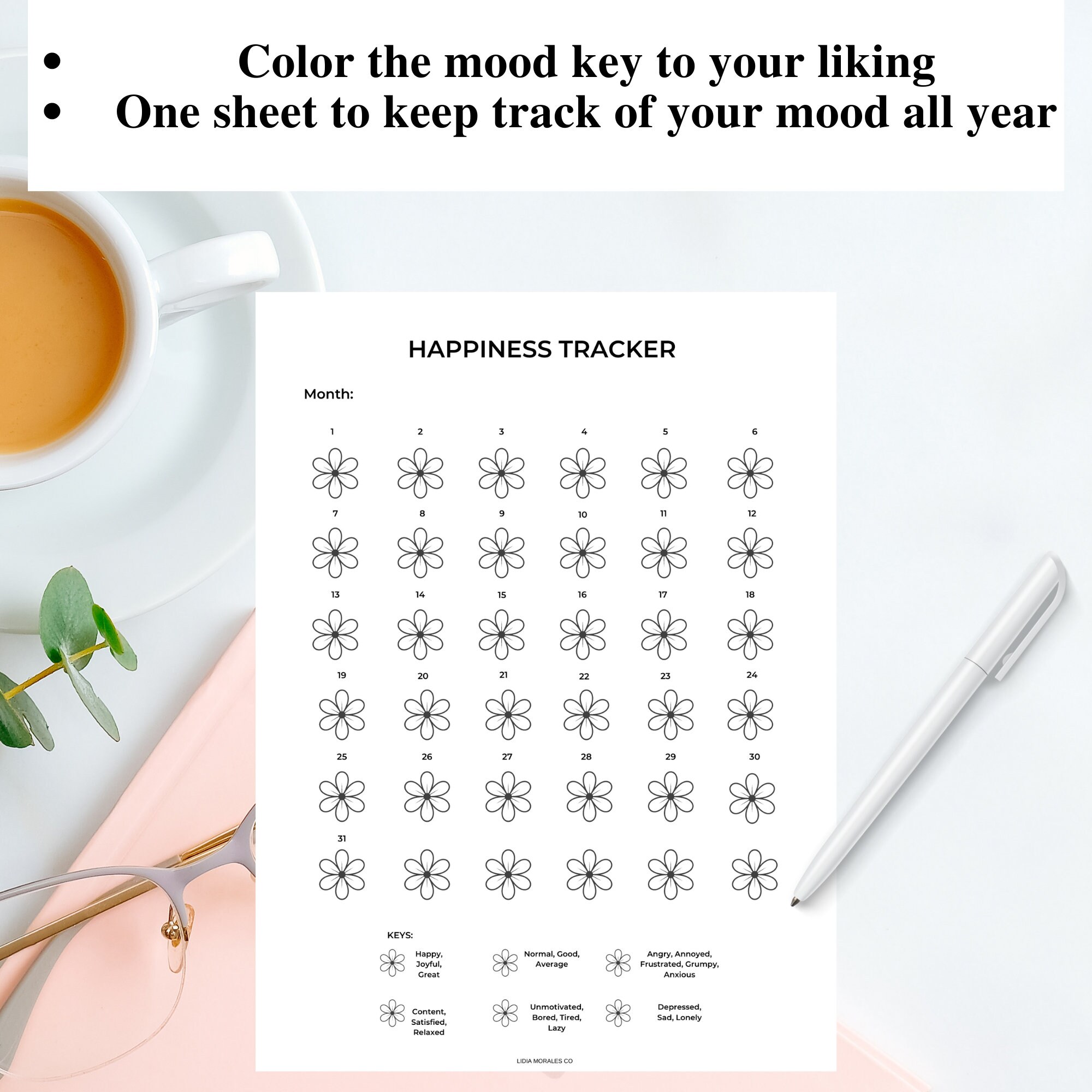 Flower Happiness Tracker, Printable Happiness Tracker, Happiness Log
