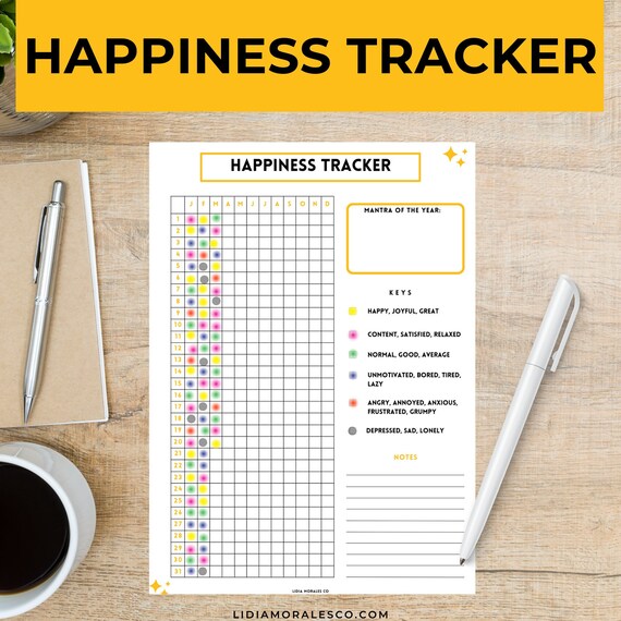 Digital Happiness Tracker, Printable Happiness Tracker, Happiness Log, Mood Chart, Mood Tracker, Happiness Tracker, Mental Health, Happiness