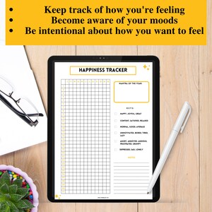 May include: A digital happiness tracker on a tablet with a white stylus. The tracker has a grid for each day of the year and a section for notes. The tracker has a list of mood keywords, including happy, content, normal, unmotivated, angry, depressed, and sad.