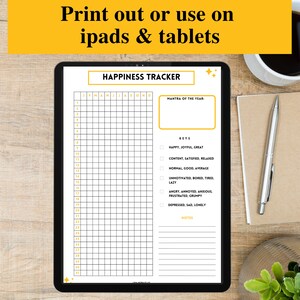 May include: A printable happiness tracker with a grid for each day of the month, a section for a mantra of the year, and a key with different mood levels. The mood levels include happy, content, normal, unmotivated, angry, and depressed.