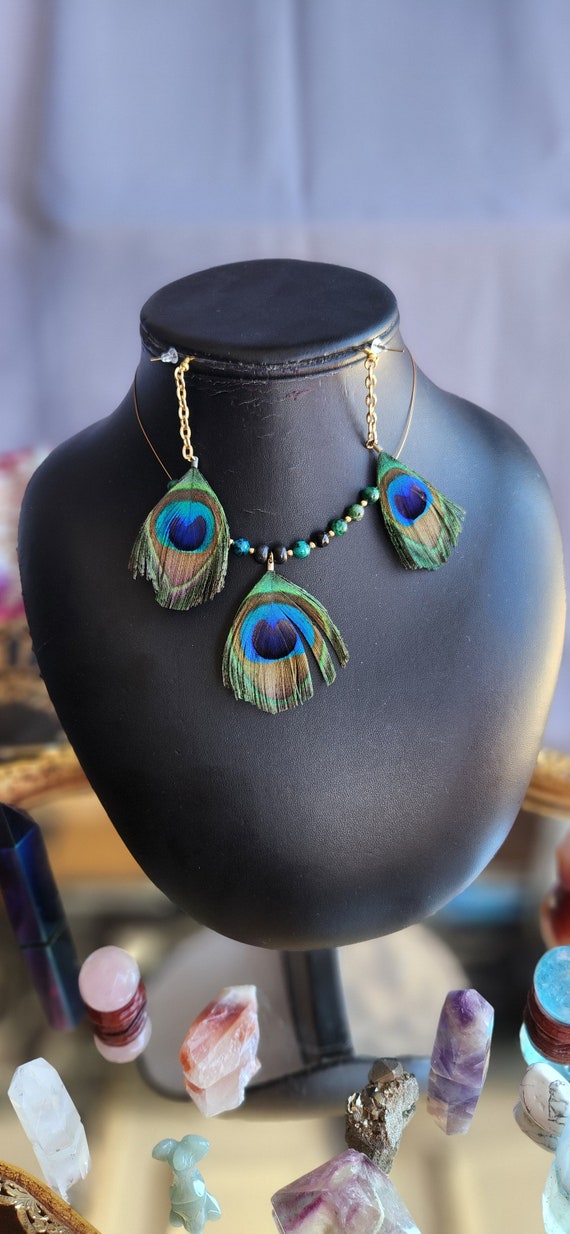 Golden Beaded Peacock Feather Necklace & Earrings Set