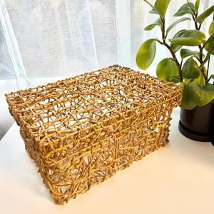 May include: A rectangular storage box constructed from a gold-toned, woven material with an open, lattice-like structure. The box features a matching lid that sits flush on top, creating a consistent, interconnected pattern across all visible sides.