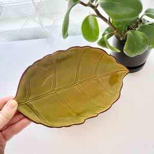 May include: A ceramic dish shaped like a leaf with a glossy olive green finish and a dark brown rim. The surface features embossed vein details that extend from a central stem, creating a textured appearance on the interior of the bowl.