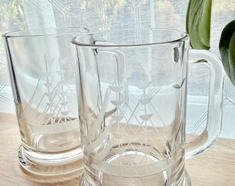 Vintage Sailboat Etched Beer Mugs- Set of 2 Pints