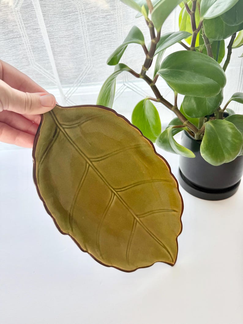 May include: A ceramic dish shaped like a leaf with a glossy olive green glaze and a dark brown rim. The surface features embossed veins that mimic the natural structure of a leaf, creating a textured appearance across the entire piece.