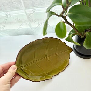 May include: A glossy, olive-green ceramic dish shaped like a leaf with a dark brown rim. The surface features embossed veins that mimic the natural structure of a leaf, creating a textured appearance. The dish has a scalloped edge and a smooth finish.