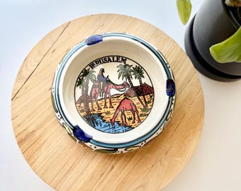Vintage Hand-painted Ceramic Colorful Circular Ashtray with Camel from Jerusalem