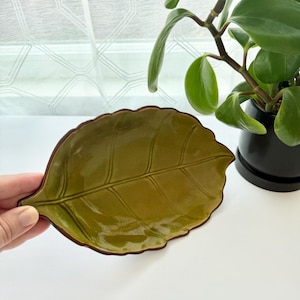 May include: A glossy olive green ceramic dish shaped like a leaf with a dark brown rim. The dish features a detailed embossed vein pattern across its surface, mimicking the natural structure of a foliage leaf with a smooth, reflective finish.