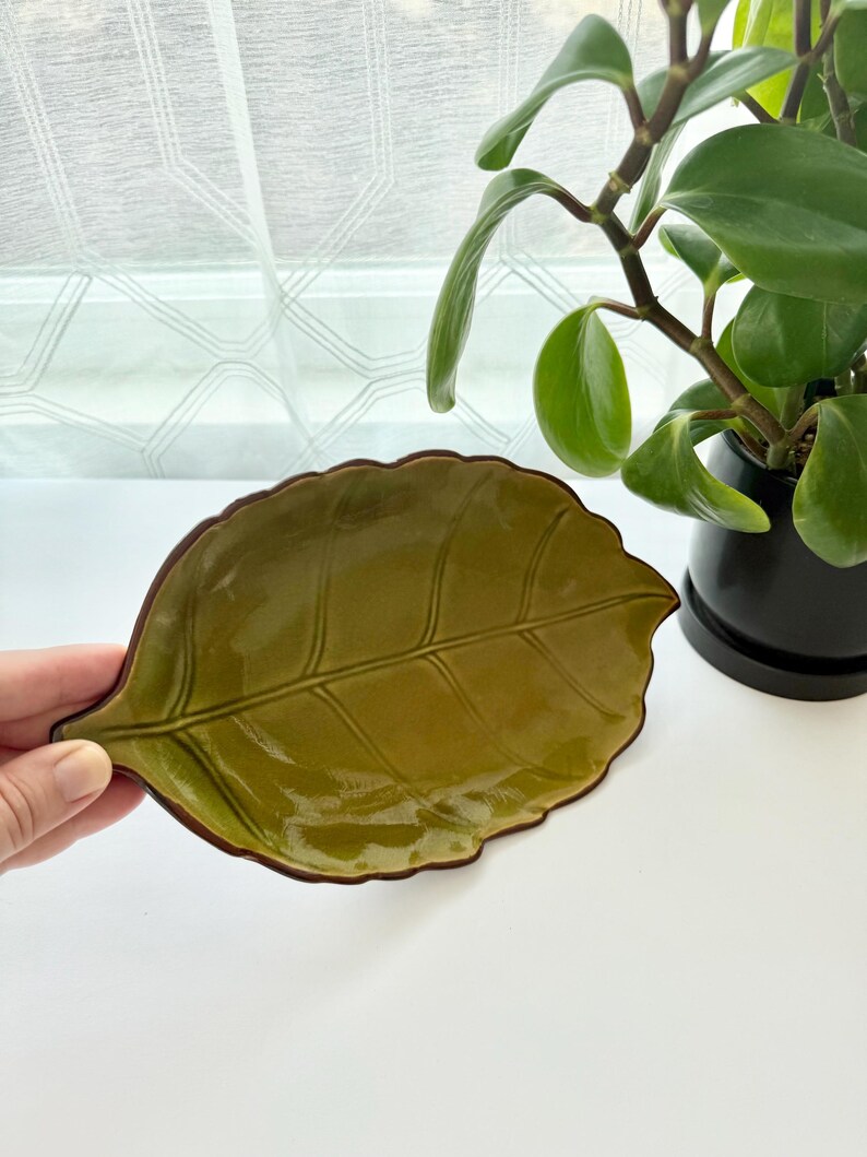 May include: A glossy olive green ceramic dish shaped like a leaf with a dark brown rim. The dish features a detailed embossed vein pattern across its surface, mimicking the natural structure of a foliage leaf with a smooth, reflective finish.