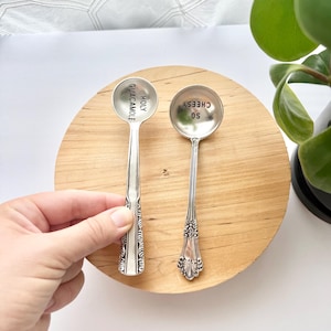 May include: Two silver-toned metal spoons with decorative handles. The left spoon is stamped with the text HOLY GUACAMOLE in the bowl, while the right spoon features the text SO CHEESY stamped in the bowl. Both spoons have ornate detailing.