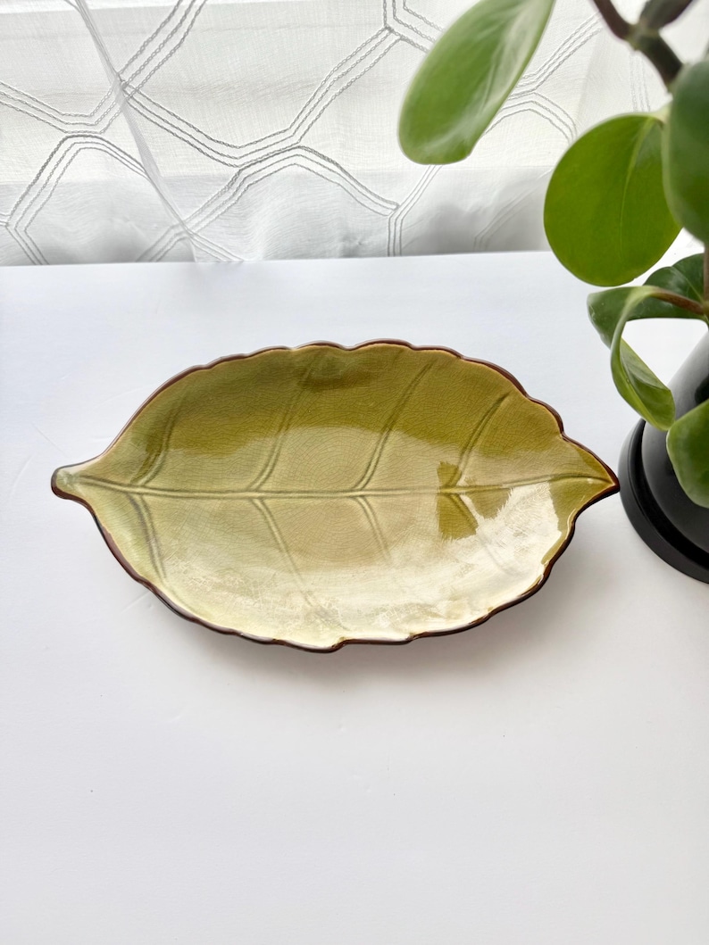 May include: A ceramic dish shaped like a leaf with a glossy finish. The dish features a gradient of light green to olive green colours with a dark brown rim. The surface has embossed vein details that mimic the natural structure of a leaf.
