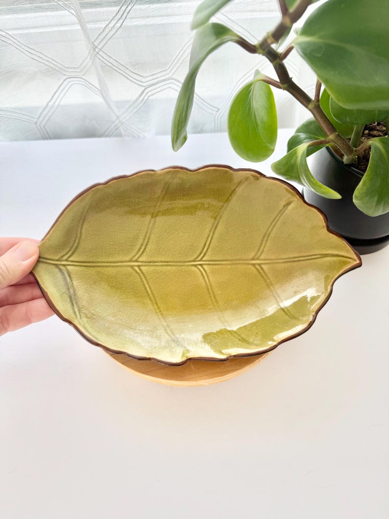 May include: A ceramic dish shaped like a leaf with a glossy olive green glaze and a dark brown rim. The surface features embossed veins running from a central stem, creating a textured appearance that mimics the natural structure of a foliage leaf.