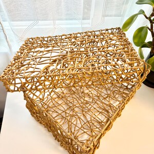 Woven Gold Box with Lid Rustic Rectangular Storage Basket