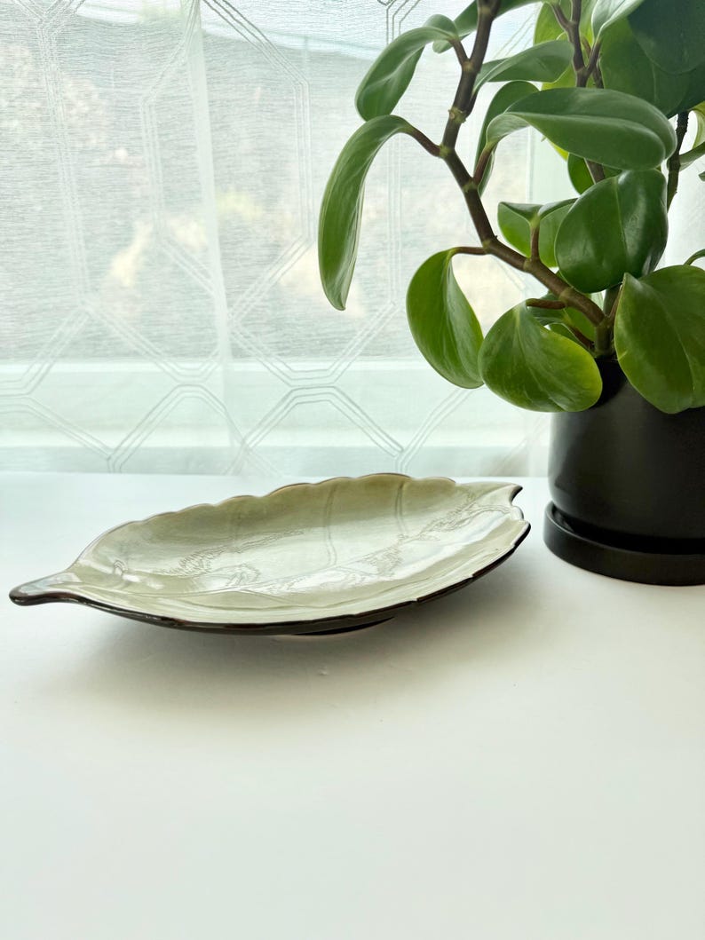 May include: A ceramic dish shaped like a leaf with a glossy, light green glaze and a dark brown rim. The surface features embossed vein details that mimic the natural structure of a leaf, creating a textured appearance across the shallow bowl.