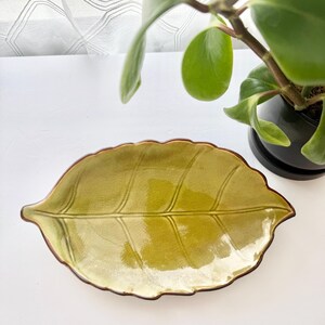May include: A leaf-shaped ceramic dish with a glossy olive green glaze and a dark brown rim. The surface features a subtle crackle texture and embossed vein details that mimic the natural structure of a leaf, creating a decorative tray.