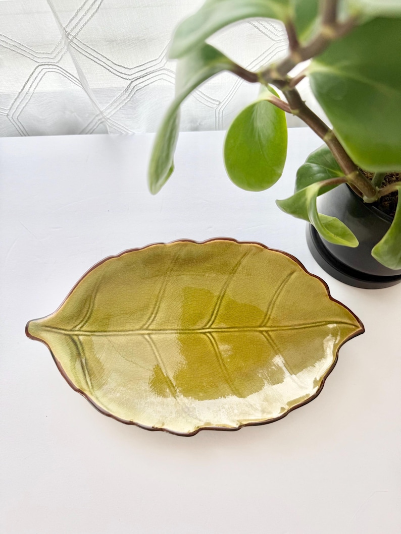 May include: A leaf-shaped ceramic dish with a glossy olive green glaze and a dark brown rim. The surface features a subtle crackle texture and embossed vein details that mimic the natural structure of a leaf, creating a decorative tray.