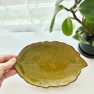 May include: An oval-shaped ceramic dish designed to resemble a leaf, featuring a glossy olive green glaze with a dark brown rim. The surface of the dish is textured with embossed veins that mimic the natural structure of a leaf, creating a detailed botanical appearance.