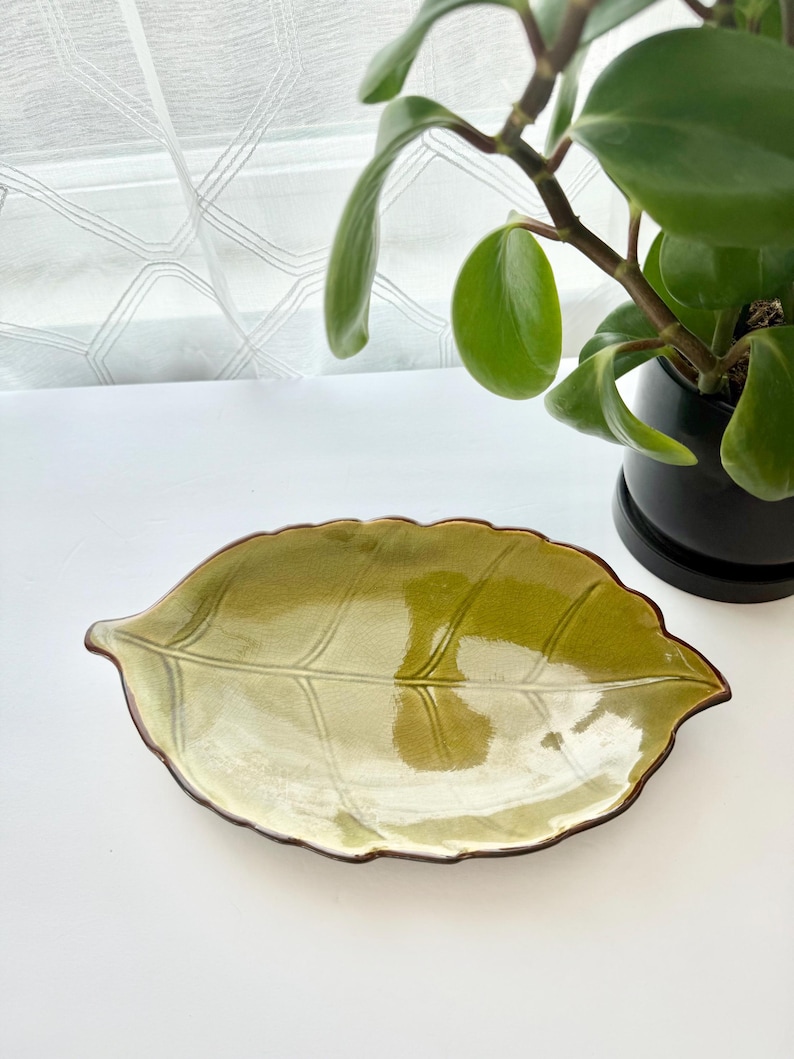 May include: A ceramic dish shaped like a leaf with a glossy, light green glaze and a dark brown rim. The surface features embossed vein details that mimic the natural structure of a leaf, creating a textured appearance on the shallow, oval-shaped tray.