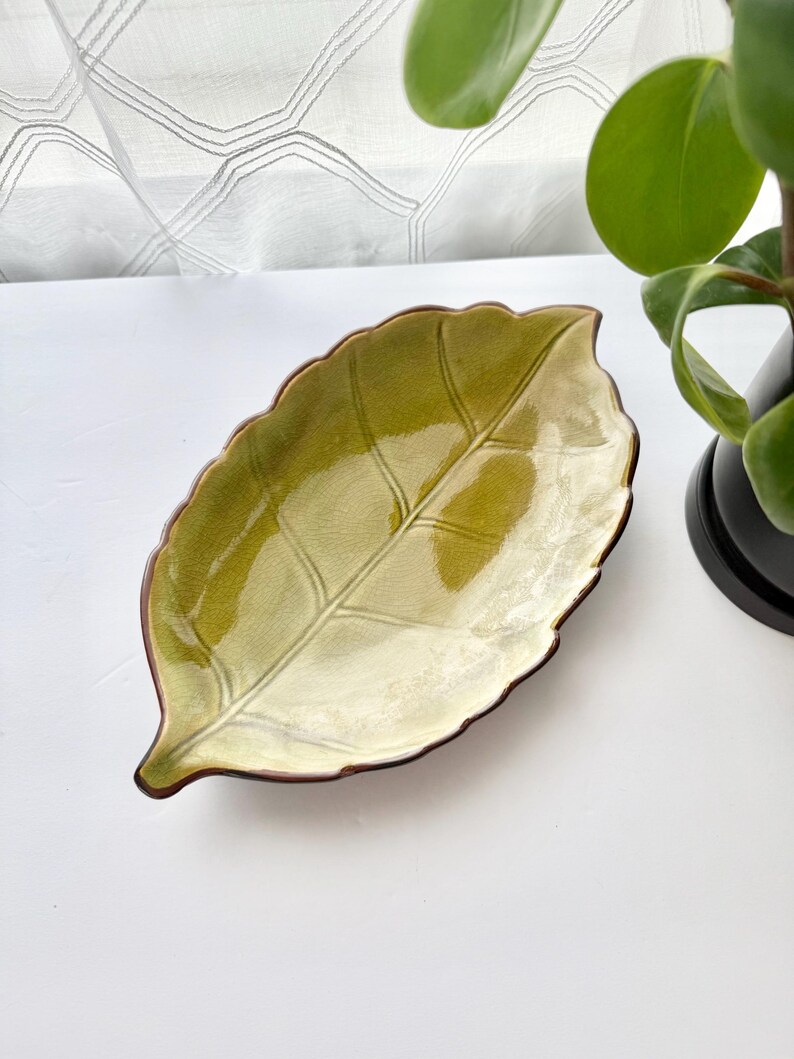 May include: A ceramic dish shaped like a leaf with a glossy finish in shades of light and dark green. The dish features a detailed embossed vein pattern across its surface and a dark brown rim that follows the scalloped edge of the leaf shape.