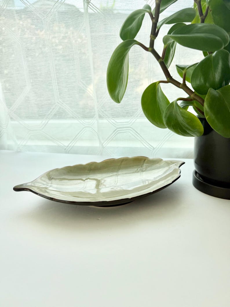 May include: A ceramic dish shaped like a leaf with a glossy, light green finish and dark brown edges. The surface features embossed vein details, mimicking the natural structure of a leaf. The dish is positioned horizontally on a flat surface.