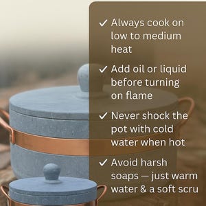 Soapstone cookware care guide featuring a pot with copper handles — includes essential maintenance tips like cooking on low heat, avoiding sudden temperature changes, gentle cleaning, and proper drying for long-lasting durability.