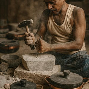 Artisan hand-carving a block of soapstone to craft traditional Kalchatti cookware. Surrounded by finished soapstone pots with copper handles, showcasing pure craftsmanship and the heritage of handmade, sustainable kitchenware.