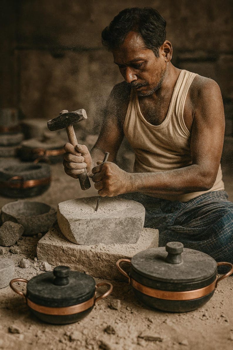 Artisan hand-carving a block of soapstone to craft traditional Kalchatti cookware. Surrounded by finished soapstone pots with copper handles, showcasing pure craftsmanship and the heritage of handmade, sustainable kitchenware.