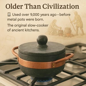 Soapstone cookware pot with copper handles placed on a gas stove — inspired by ancient cooking traditions over 9,000 years old. The original natural slow-cooker used before metal pots, perfect for timeless, healthy cooking.