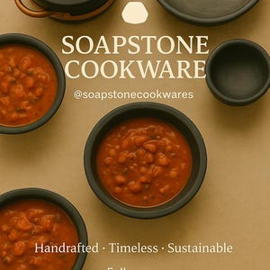 Handcrafted soapstone cookware with copper handles, filled with red stew on a beige background. Text invites to follow @soapstonecookwares for updates.