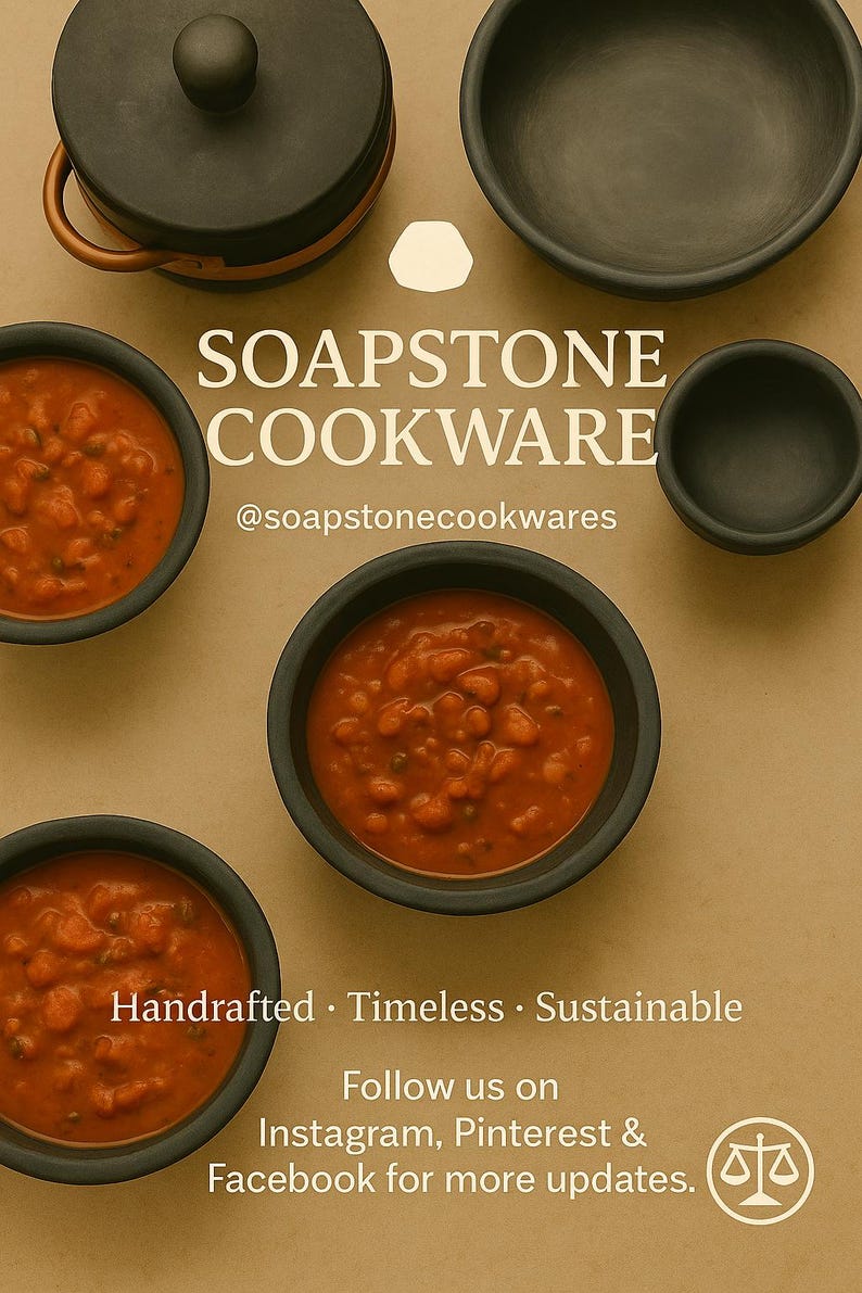 Handcrafted soapstone cookware with copper handles, filled with red stew on a beige background. Text invites to follow @soapstonecookwares for updates.