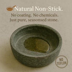 Soapstone cookware bowl with a light layer of oil, showing its natural non-stick surface. No coating, no chemicals — just pure, seasoned stone for healthy and sustainable cooking.