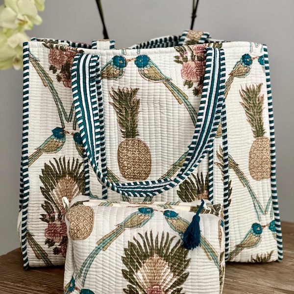 Hand Block Printed Quilted Tote Bag Set – Cotton Market Tote & Toiletry Pouch