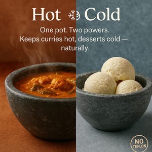 Soapstone bowl showcasing dual use — steaming curry on one side and scoops of ice cream on the other. Naturally retains heat and cold, keeping food hot or desserts chilled without chemicals or Teflon.