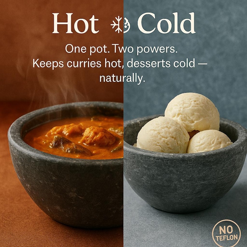 Soapstone bowl showcasing dual use — steaming curry on one side and scoops of ice cream on the other. Naturally retains heat and cold, keeping food hot or desserts chilled without chemicals or Teflon.