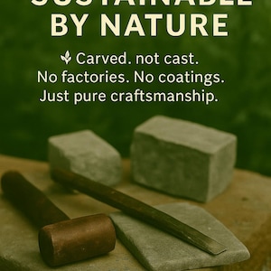 Hand tools resting on raw soapstone blocks — representing sustainable craftsmanship. Each cookware piece is carved, not cast, made without factories or coatings for a naturally pure, eco-friendly creation process.