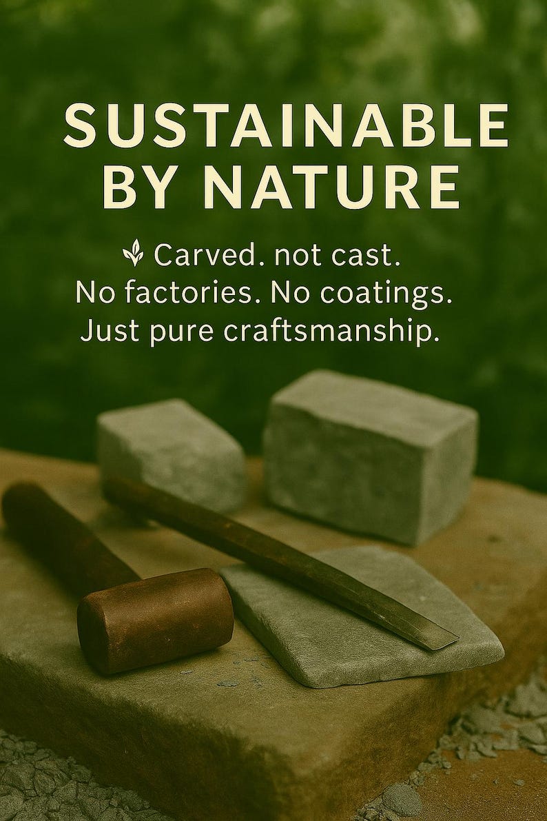 Hand tools resting on raw soapstone blocks — representing sustainable craftsmanship. Each cookware piece is carved, not cast, made without factories or coatings for a naturally pure, eco-friendly creation process.