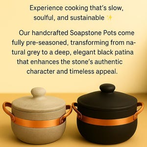 Two handcrafted soapstone pots with copper handles — one in natural grey and the other in seasoned black patina, symbolizing transformation through seasoning. Sustainable, pre-seasoned cookware ready for soulful, slow cooking.