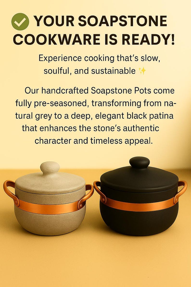 Two handcrafted soapstone pots with copper handles — one in natural grey and the other in seasoned black patina, symbolizing transformation through seasoning. Sustainable, pre-seasoned cookware ready for soulful, slow cooking.