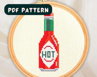 Patrón de punto de cruz mini de salsa picante Tabasco, bordado de descarga instantánea, comida linda, diseño digital simple y moderno en PDF JPG DMC