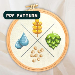 Water Malt Hops Yeast Beer Cute Tiny Cross Stitch Pattern, Embroidery Instant Download, Beer Lover Dad Gift DMC Floss PDF JPG Digital Design