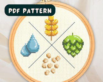 Water Malt Hops Yeast Beer Cute Tiny Cross Stitch Pattern, Embroidery Instant Download, Beer Lover Dad Gift DMC Floss PDF JPG Digital Design