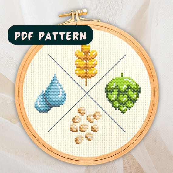 Water Malt Hops Yeast Beer Cute Tiny Cross Stitch Pattern, Embroidery Instant Download, Beer Lover Dad Gift DMC Floss PDF JPG Digital Design