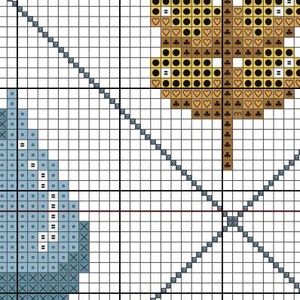 May include: Cross stitch pattern featuring a blue and white geometric design and a brown leaf with black and white circles, hearts, and clover symbols.