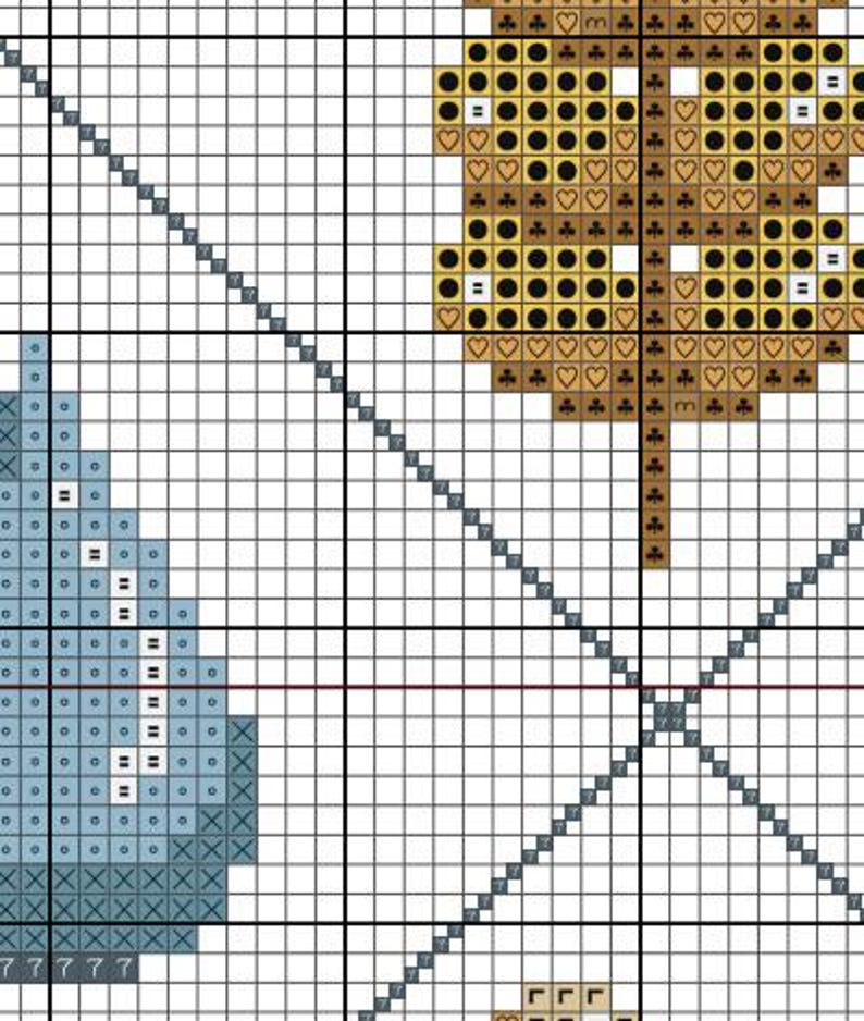 May include: Cross stitch pattern featuring a blue and white geometric design and a brown leaf with black and white circles, hearts, and clover symbols.
